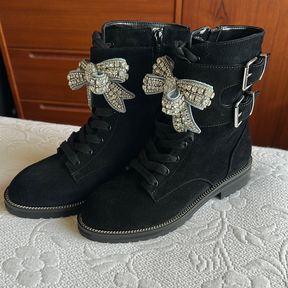 New!   Kurt Geiger Sutton Black Suede Combat Boots with Rhinestone Bows, Size 36
